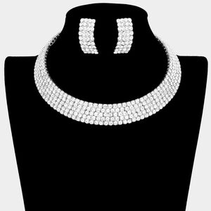 Silver Rhinestone Crystal Necklace Choker Five Row Cuff Formal Jewelry Set